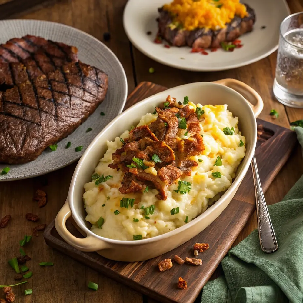 Overhead view of a serving bowl of loaded mashed potatoes with bubbling broiled cheddar, bacon, and green onion beside a steak dinner