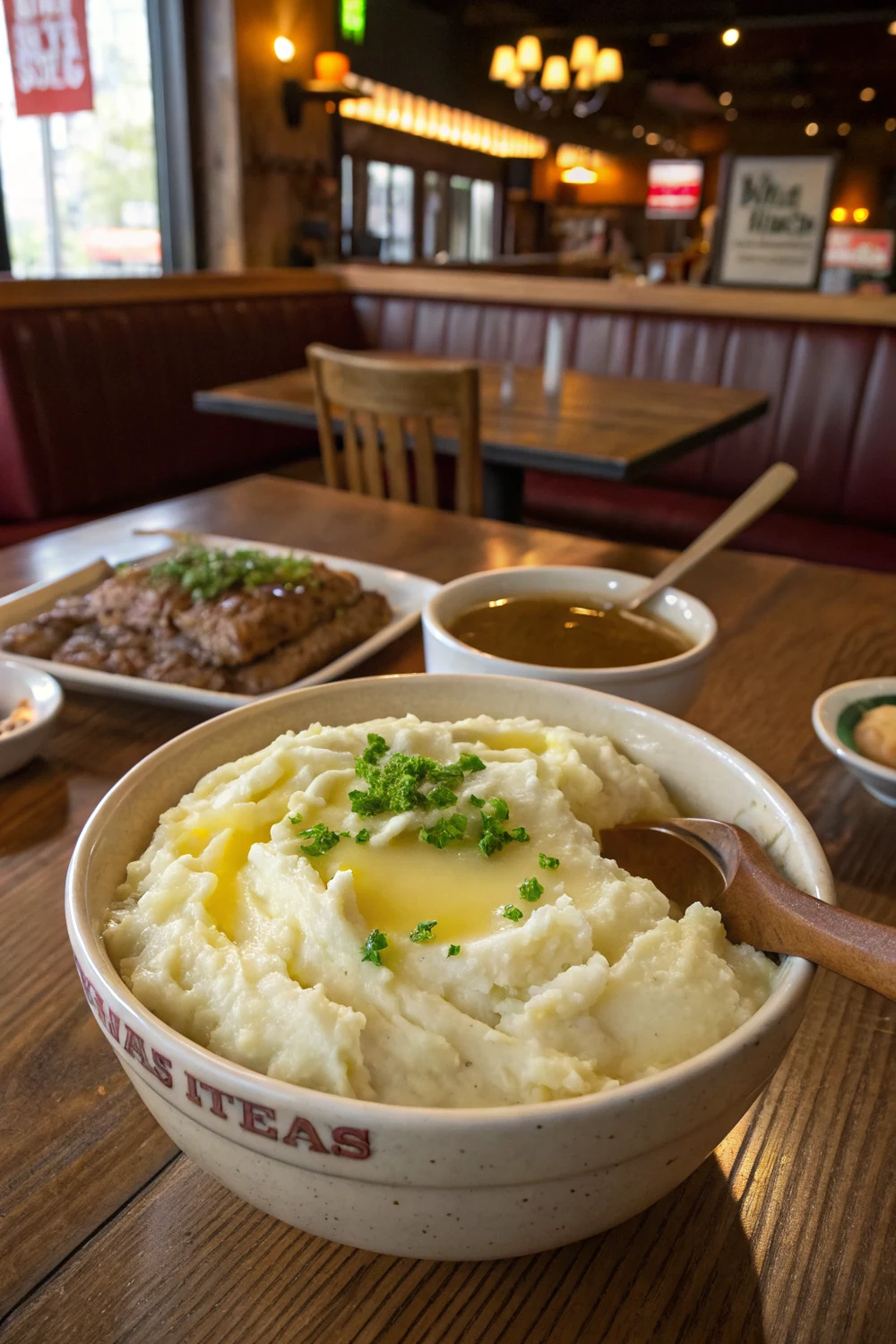 Vertical view of Texas Roadhouse style mashed potatoes with butter and gravy, save this copycat recipe for steakhouse sides