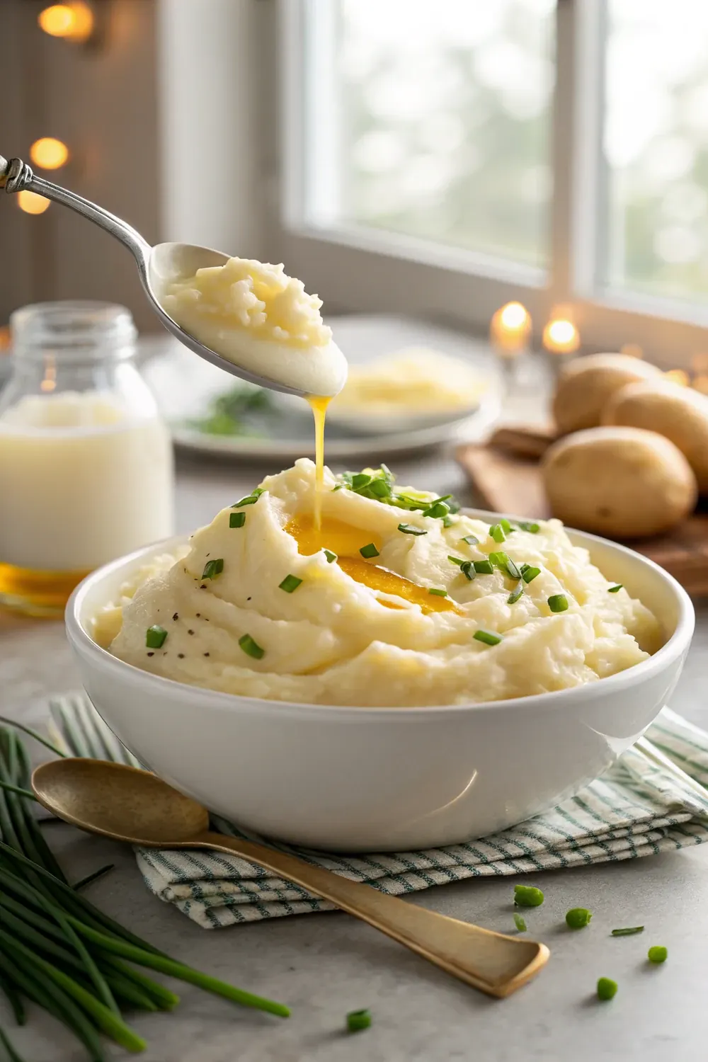 Vertical view of Texas Roadhouse style mashed potatoes with butter and gravy, save this copycat recipe for steakhouse sides