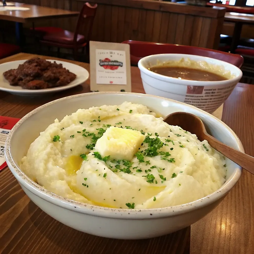 Overhead view of mashed potatoes on a steakhouse plate next to chicken-fried steak with cream gravy and a wedge of cornbread