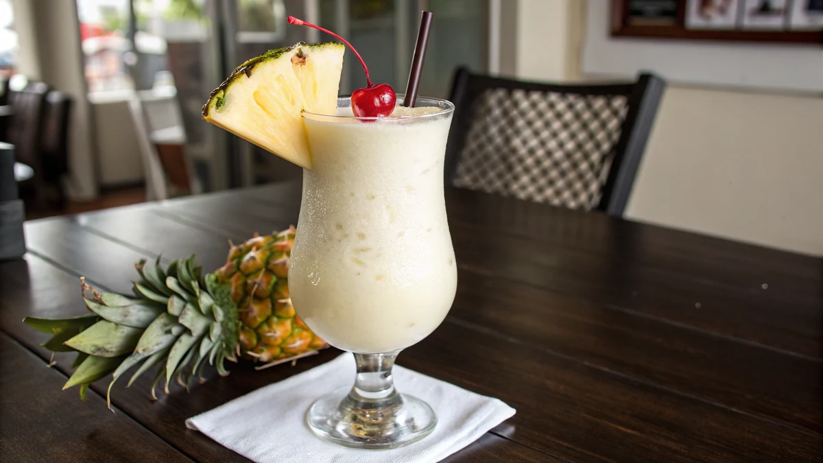 Copycat steakhouse frozen pina colada in a tall hurricane glass, thick pale ivory slush with a pineapple wedge and maraschino cherry on the rim, set on a dark wooden table