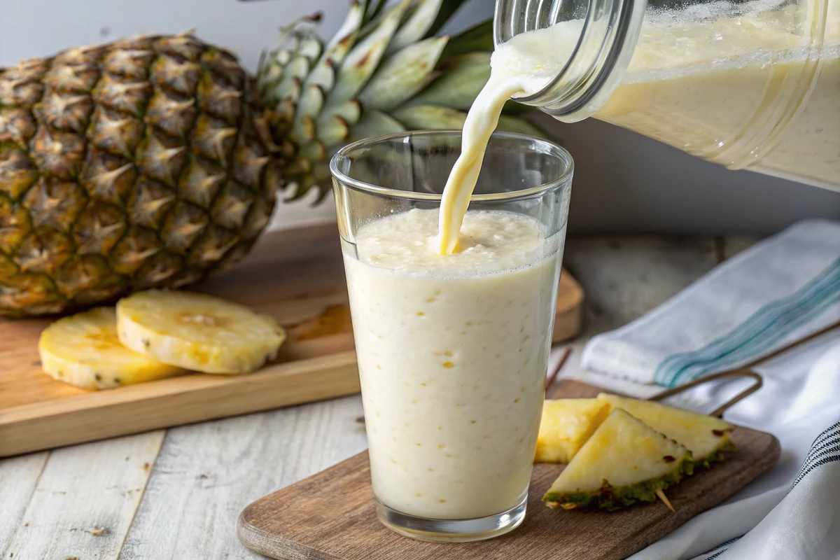 Close-up of a thick creamy frozen pina colada being poured from a blender jar into a tall glass, smooth white slush with small flecks of pineapple