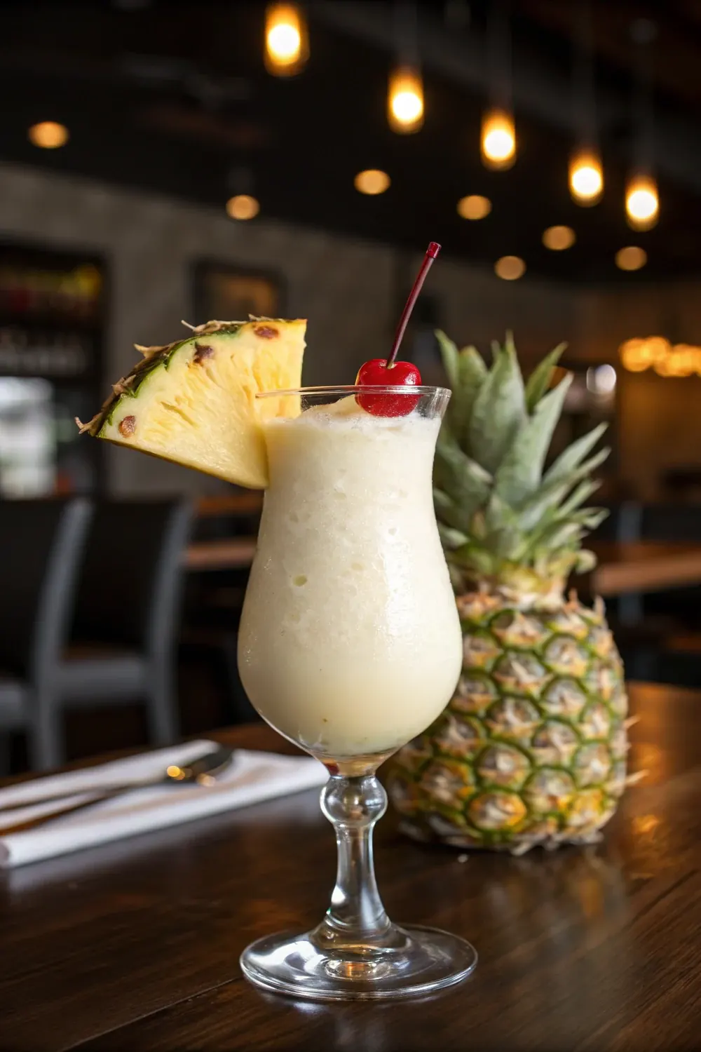 Vertical photo of a creamy frozen pina colada with a dark rum float, pineapple wedge and maraschino cherry garnish, save this five ingredient copycat cocktail recipe