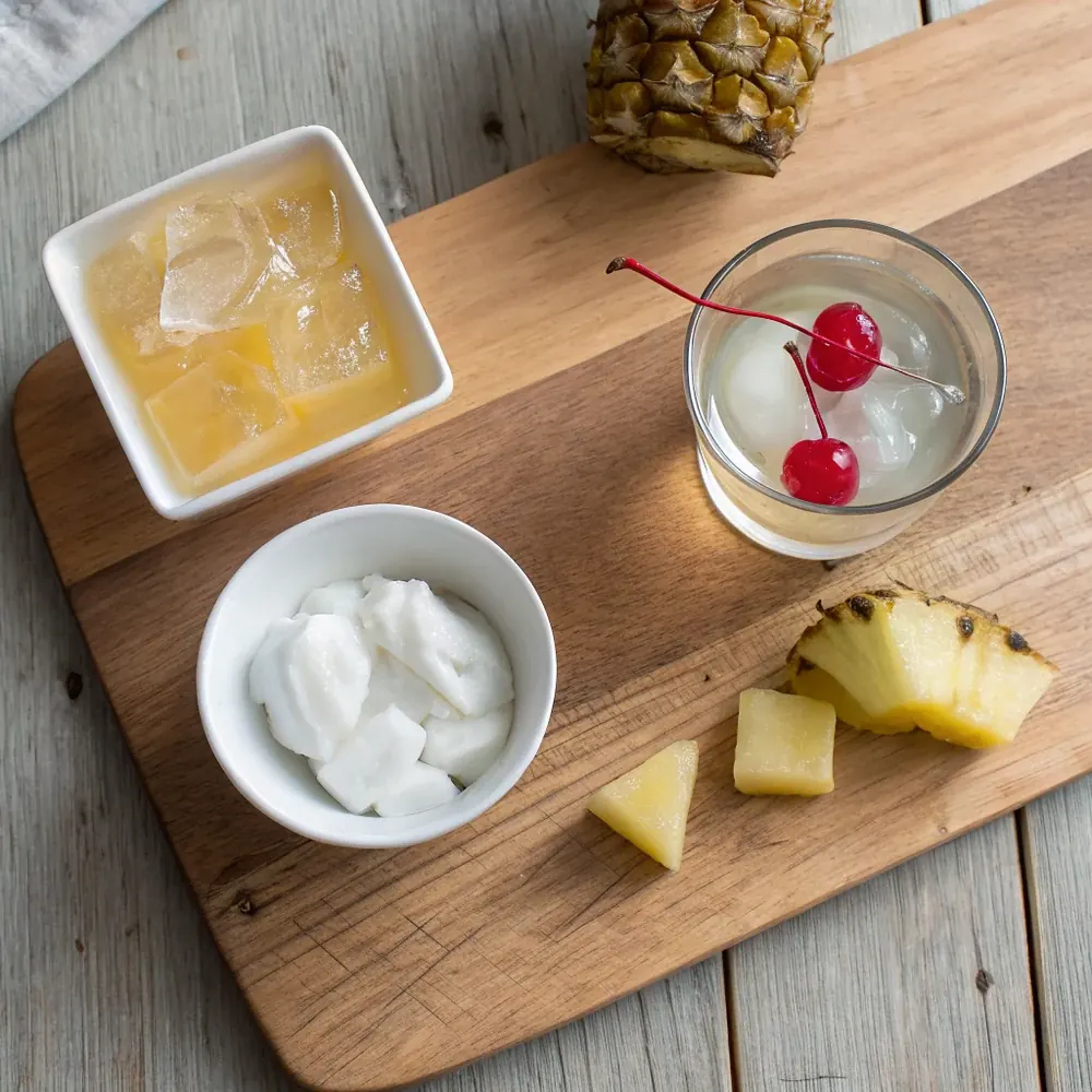 Overhead view of pina colada ingredients on a counter: a bottle of light rum, an open can of cream of coconut, canned pineapple juice, a bowl of ice, fresh pineapple wedges and a cherry