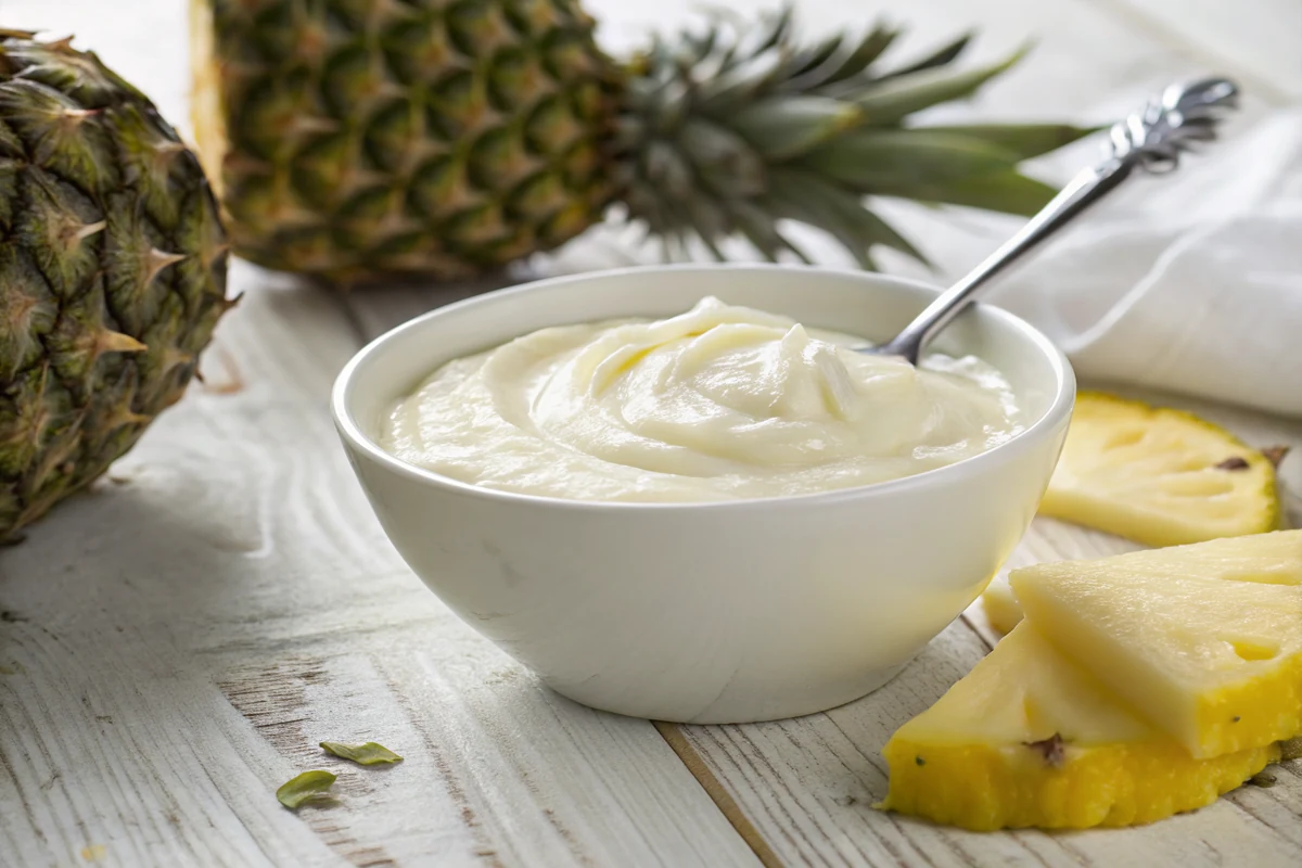 Open can of cream of coconut being stirred with a spoon until smooth and glossy, with pineapple juice and a bottle of light rum waiting beside it