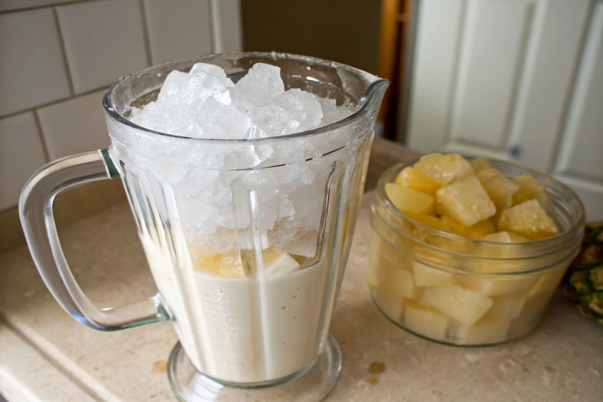 Blender jar loaded with light rum, cream of coconut and pineapple juice with a pile of ice cubes added on top before blending