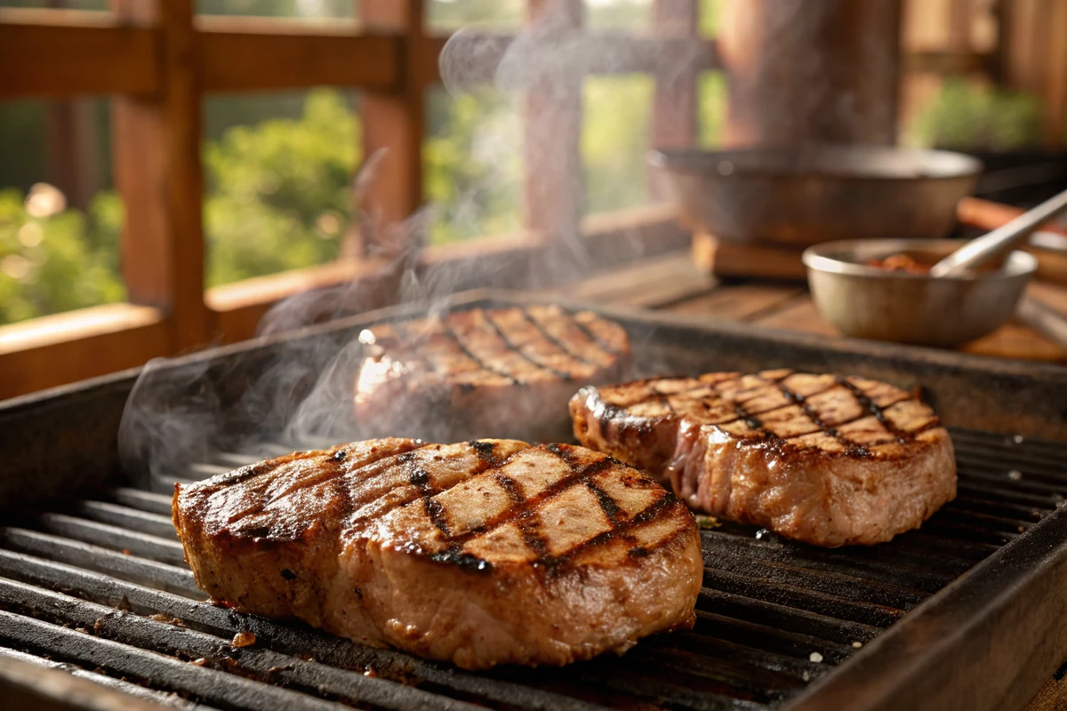 Thick boneless pork chops on a hot grill grate with deep brown crosshatch marks, tongs turning one chop, smoke rising