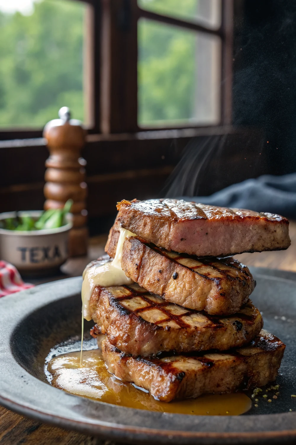 Vertical photo of juicy grilled Texas Roadhouse copycat pork chops topped with garlic butter, save this easy steakhouse pork chop recipe