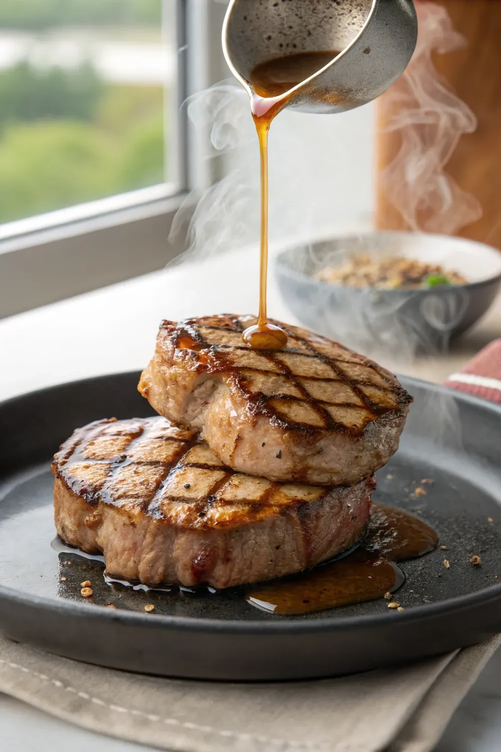 Vertical photo of juicy grilled Texas Roadhouse copycat pork chops topped with garlic butter, save this easy steakhouse pork chop recipe