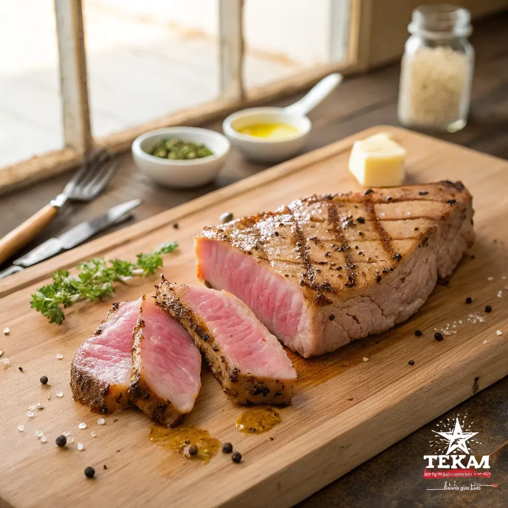 Overhead view of a sliced grilled pork chop showing a juicy blush-pink center, seasoned crust, and melted butter pooling on the cutting board
