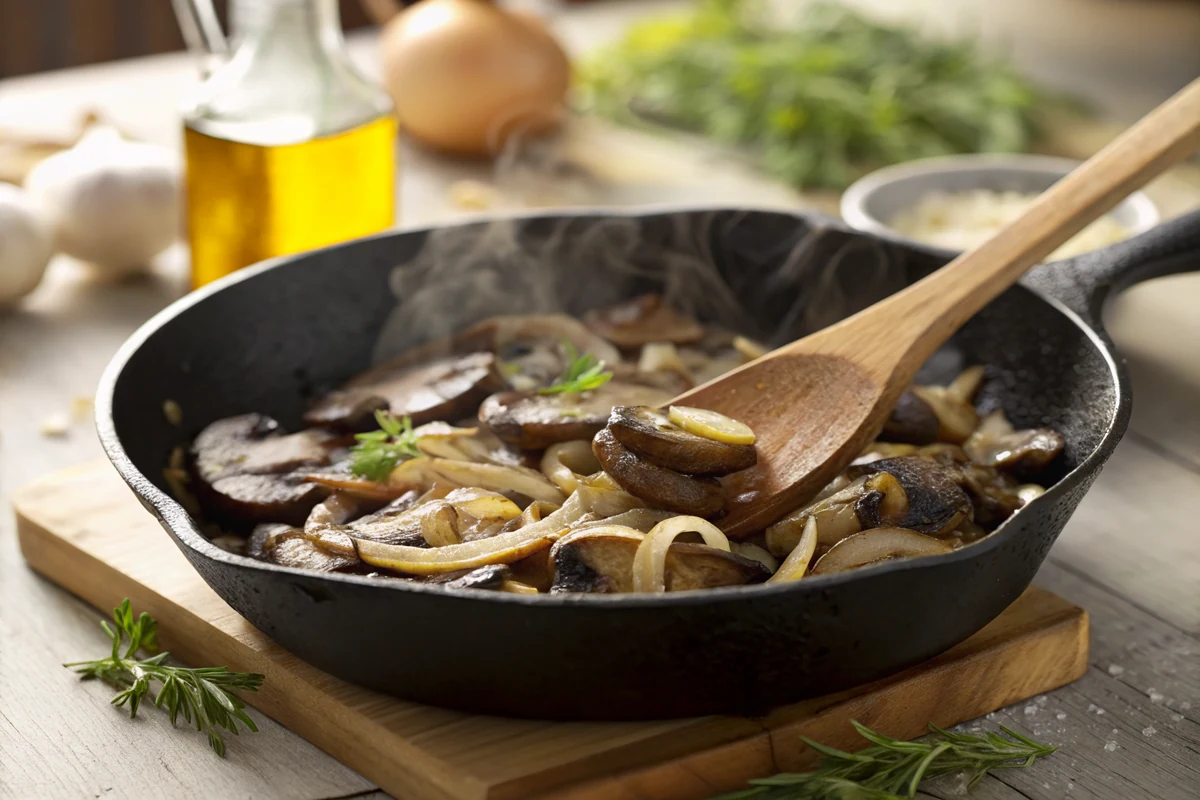 Sliced portobello mushrooms and onions searing golden brown in melted butter in a cast iron skillet