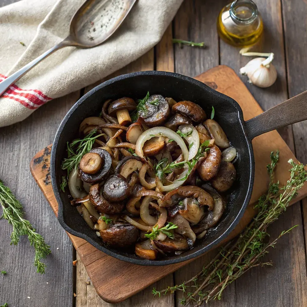 Overhead bowl of buttery sauteed portobello mushrooms and onions steak topping with a spoon