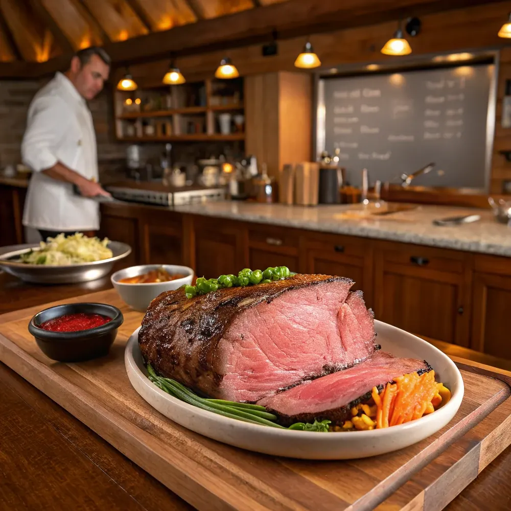 Close up of a prime rib slice dipped in au jus next to a spoon of horseradish cream