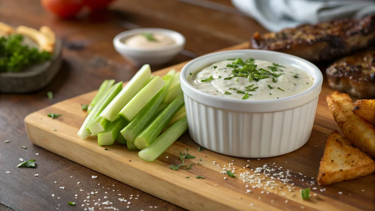 Texas Roadhouse ranch dip copycat in a small white ceramic ramekin garnished with fresh dill and chives, surrounded by hot crispy steak fries and raw celery sticks on a wooden board