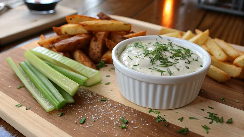 Close-up of the ranch dip showing visible flecks of fresh dill, chives, and ground black pepper in the creamy white-tinged base