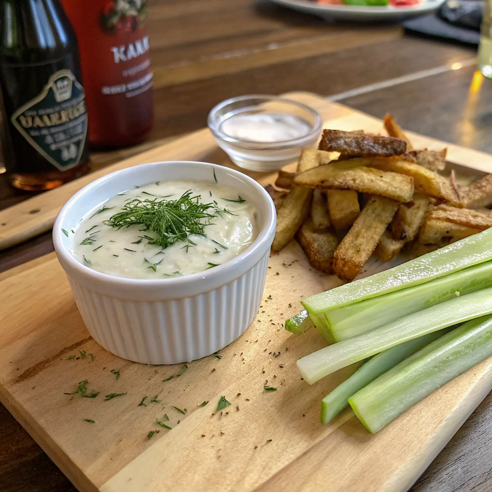Overhead view of the ranch dip alongside Texas Roadhouse-style fries, raw vegetable platter (carrots, celery, bell pepper), and a stack of warm dinner rolls