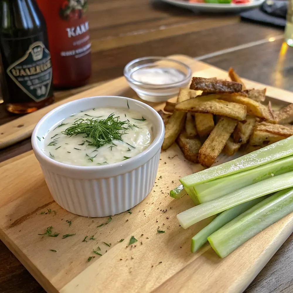Overhead view of the ranch dip alongside Texas Roadhouse-style fries, raw vegetable platter (carrots, celery, bell pepper), and a stack of warm dinner rolls
