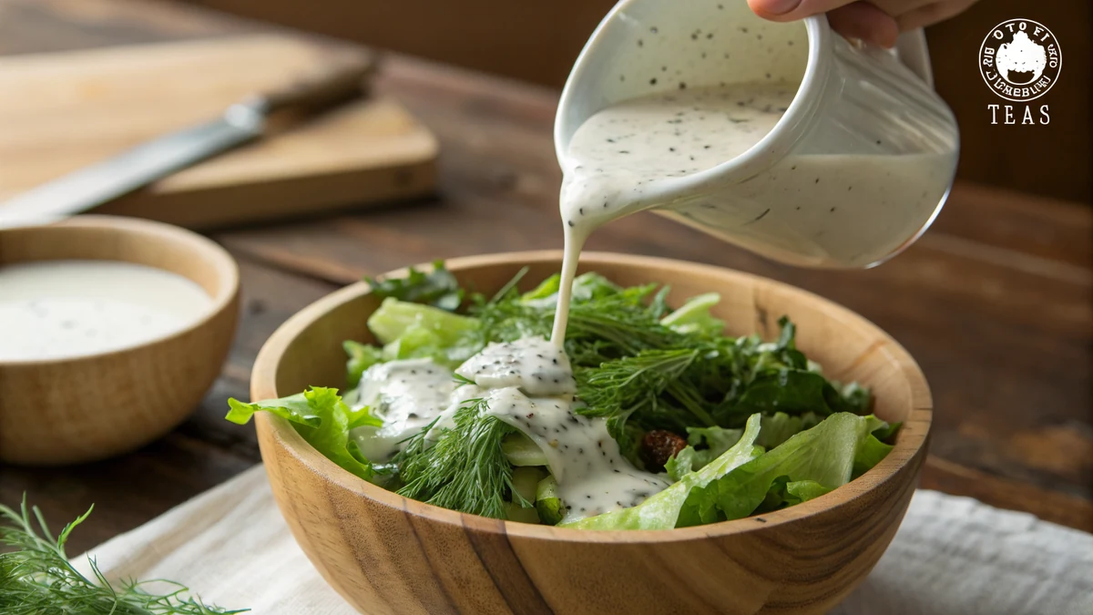 Copycat Texas Roadhouse ranch dressing, a pourable creamy buttermilk ranch salad dressing being drizzled over a fresh green salad