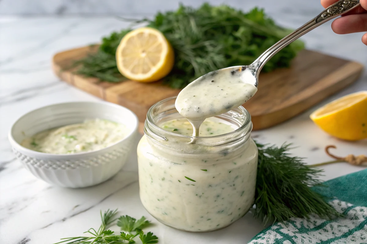 Pouring homemade copycat ranch salad dressing from a glass jar over a bowl of crisp lettuce and vegetables