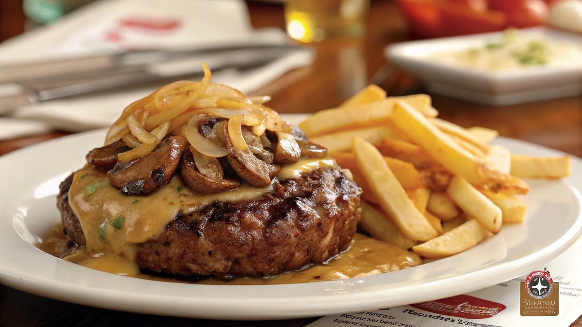Texas Roadhouse copycat Roadkill chopped steak smothered with sauteed onions, mushrooms, and melted Monterey Jack cheese on a plate