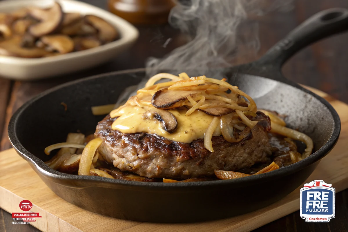 Seared chopped steak patty piled with buttery onions and mushrooms under a blanket of melting Jack cheese in a cast iron skillet