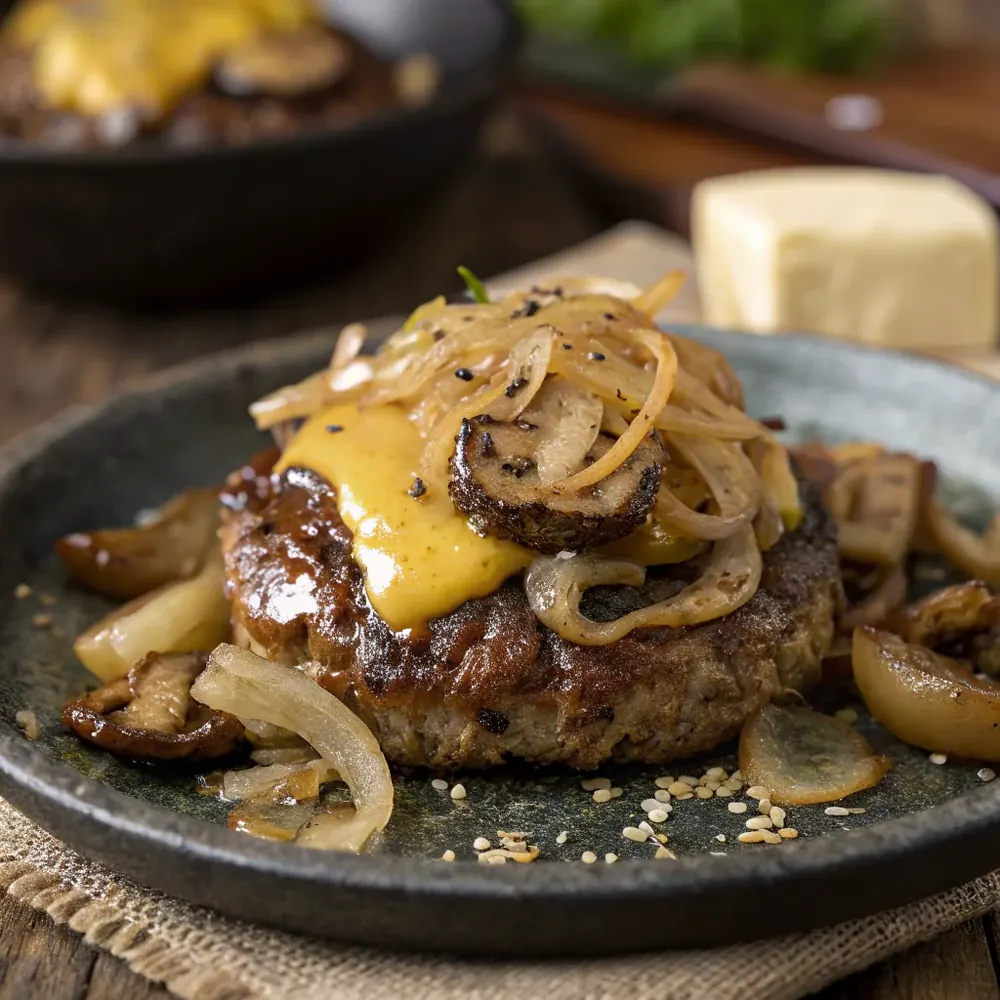 Close up of melted Jack cheese stretching over sauteed onions and mushrooms on a seasoned chopped steak patty