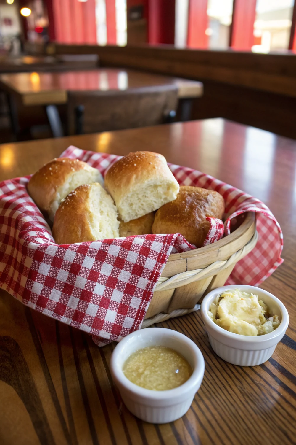 Vertical view of Texas Roadhouse copycat rolls stacked in a cloth-lined basket, save this homemade dinner roll recipe with cinnamon honey butter