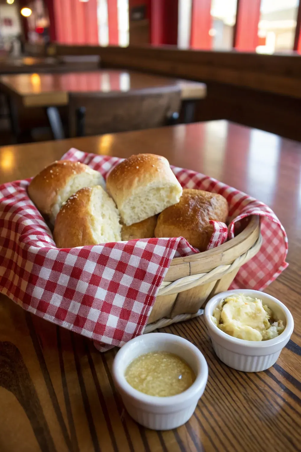 Vertical view of Texas Roadhouse copycat rolls stacked in a cloth-lined basket, save this homemade dinner roll recipe with cinnamon honey butter