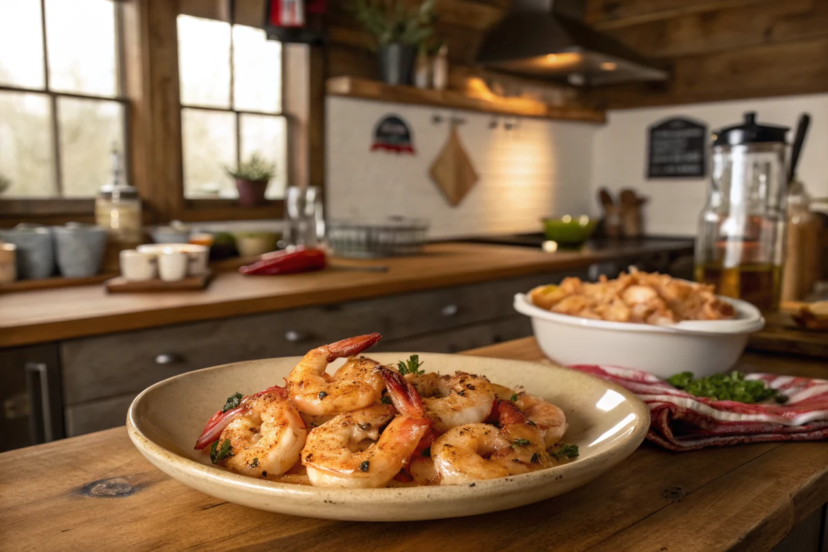Close-up of grilled shrimp skewers showing the curled pink tails, char marks from the grill, and visible flecks of paprika and minced garlic in the butter glaze