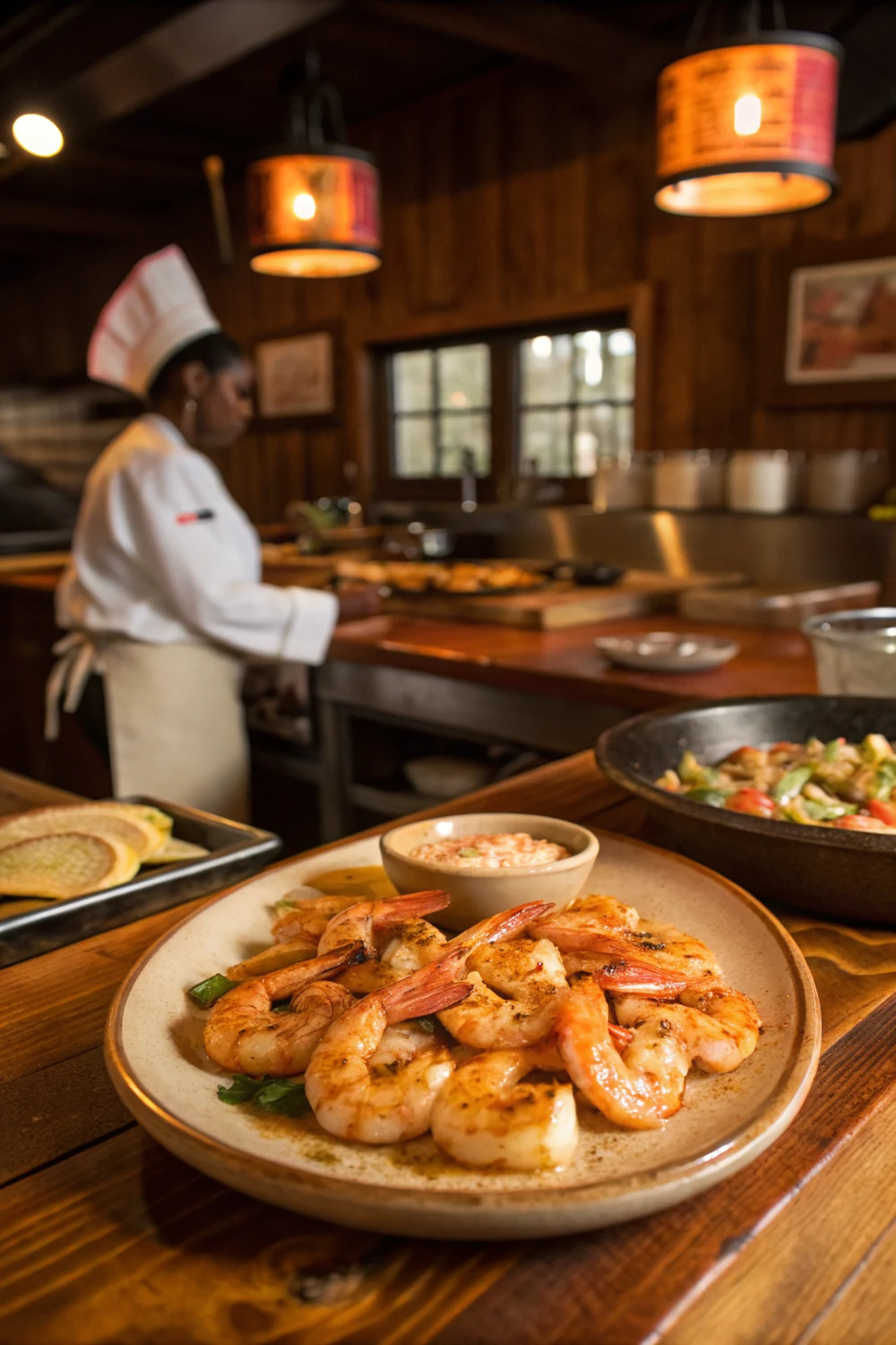 Vertical shot of Texas Roadhouse grilled shrimp copycat skewers with garlic butter brushing, save this 20-minute weeknight or appetizer recipe