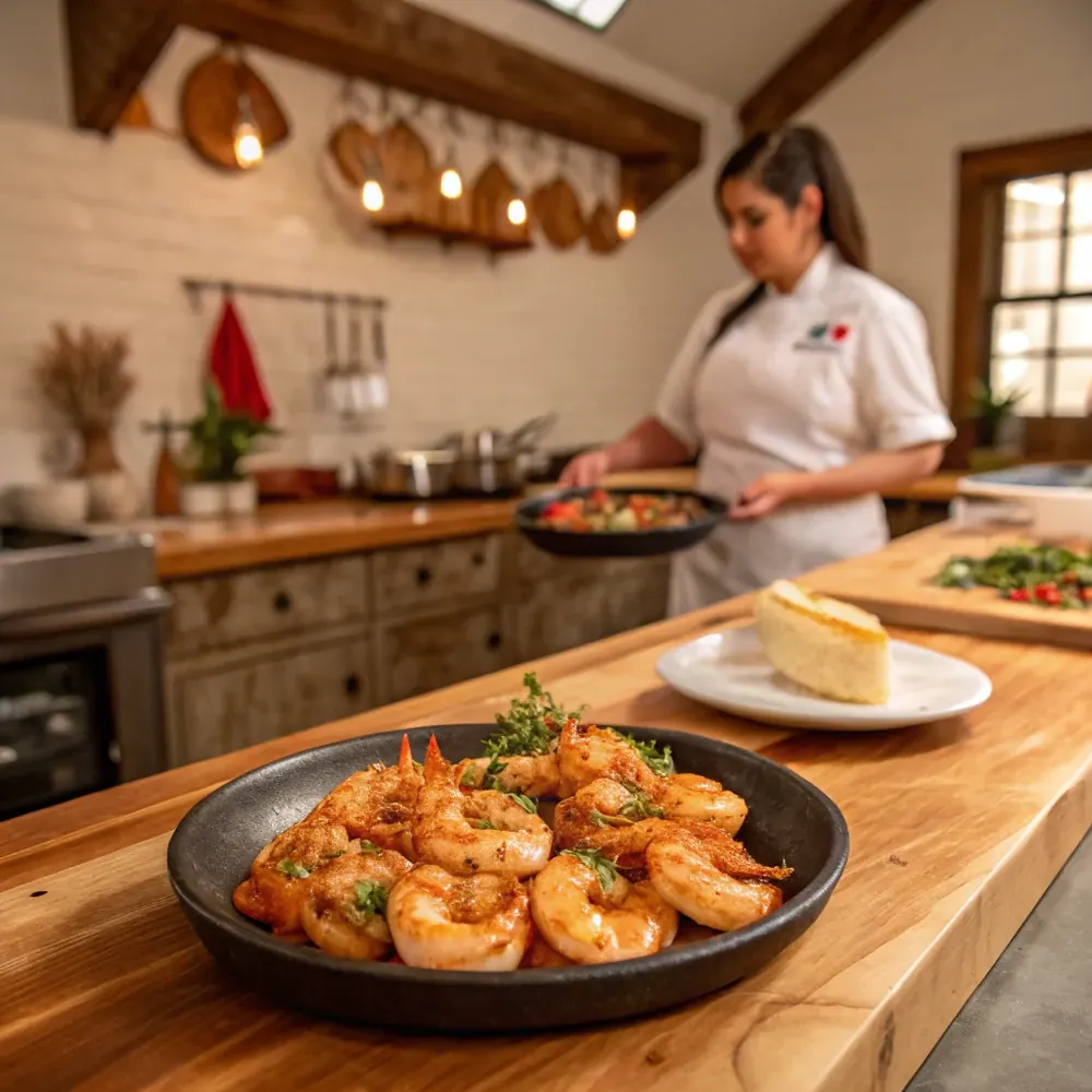 Overhead view of two skewers of Texas Roadhouse copycat grilled shrimp on a wooden cutting board, garlic butter ramekin and lemon wedges on the side, Texas-style table setting