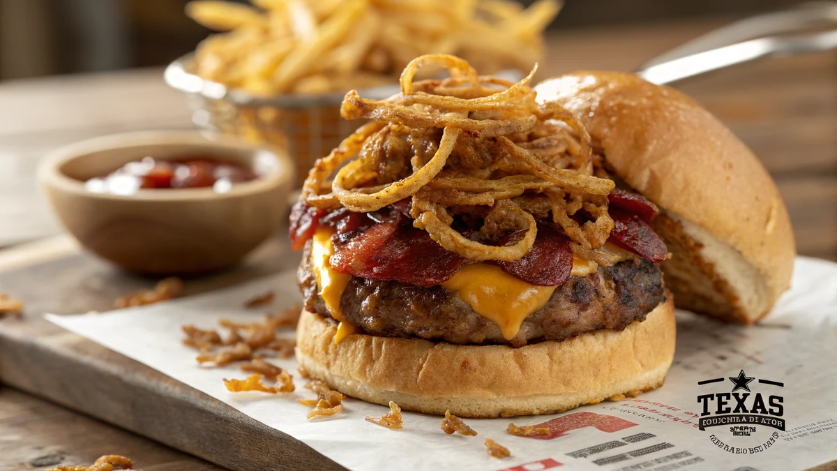 Texas Roadhouse copycat smokehouse burger with BBQ sauce, crispy bacon, melted cheese, and fried onion strings on a toasted bun