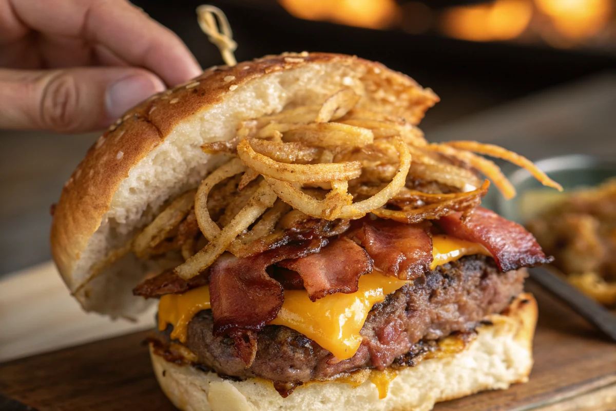 Close up of a smokehouse bbq bacon burger stacked with crispy onion strings and melting cheddar cheese