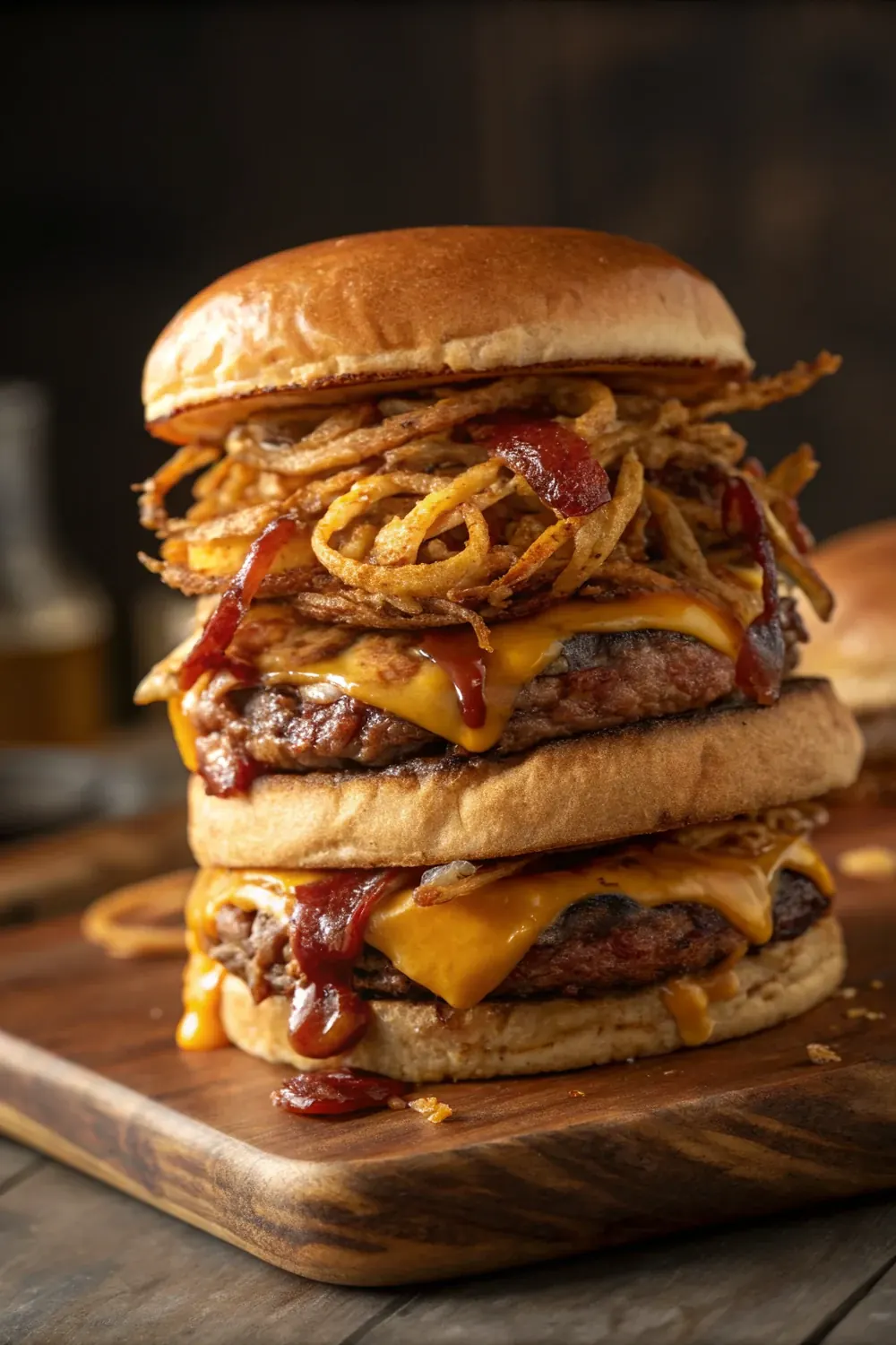 Texas Roadhouse smokehouse burger copycat recipe with bbq sauce bacon and crispy onion strings vertical pin to save
