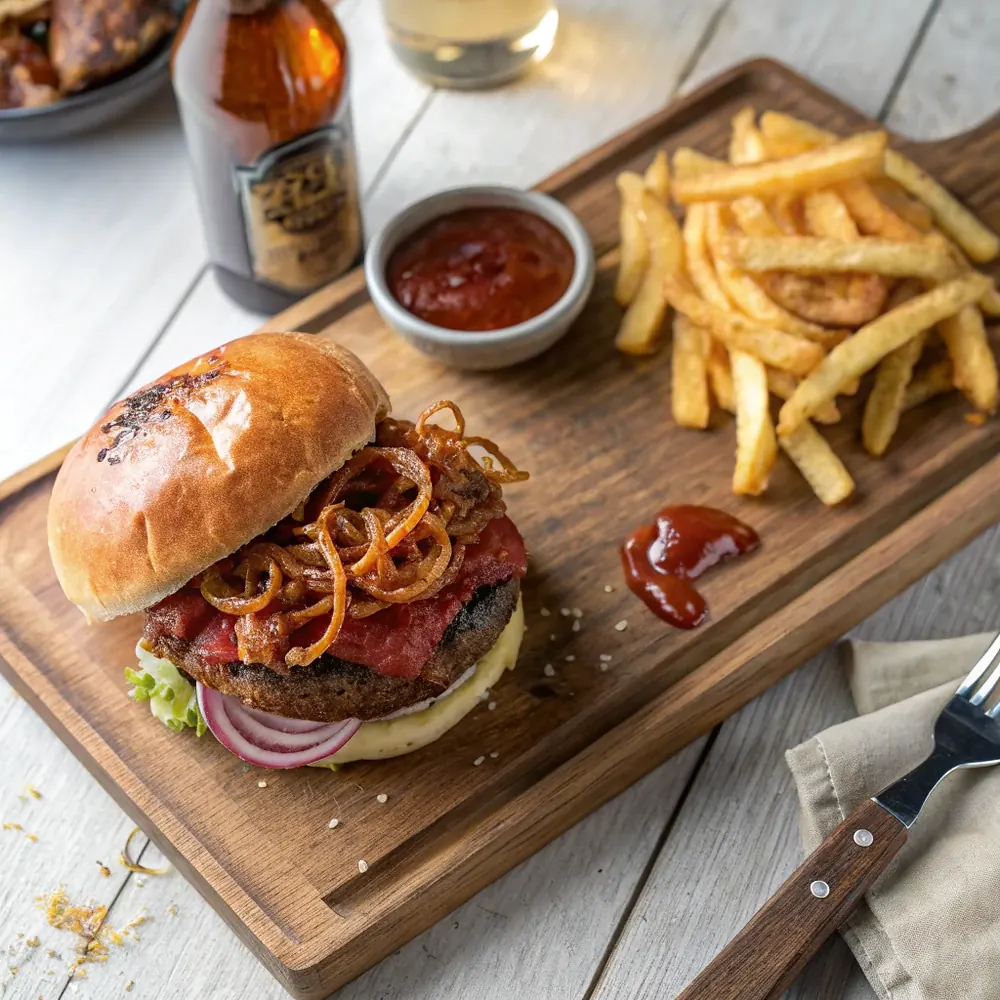 Overhead copycat Texas Roadhouse smokehouse burger with onion strings spilling over a seared beef patty and BBQ sauce