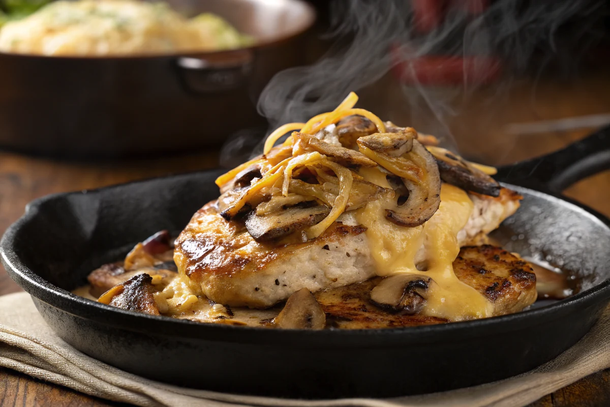 Grilled chicken breast piled with buttery mushrooms and onions under a blanket of melting Jack cheese in a cast iron skillet