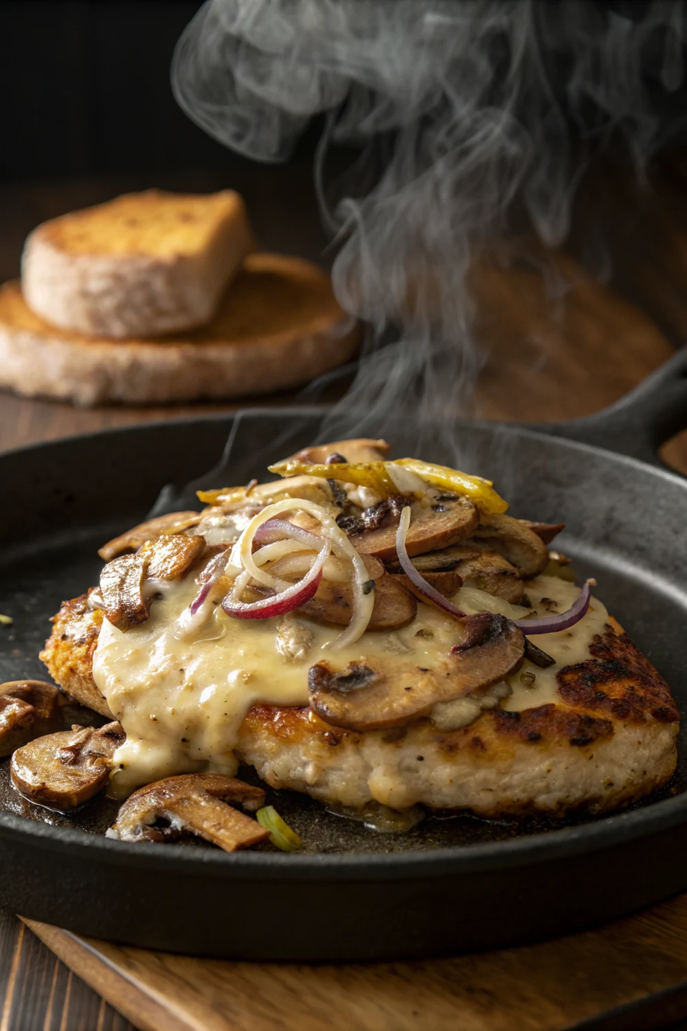 Texas Roadhouse smothered chicken copycat recipe with Jack cheese mushrooms and onions vertical pin to save