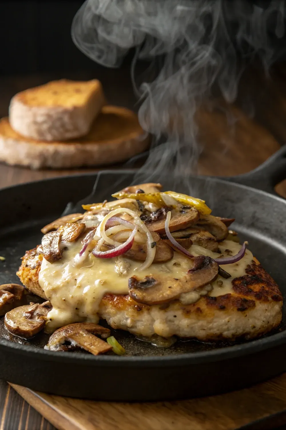 Texas Roadhouse smothered chicken copycat recipe with Jack cheese mushrooms and onions vertical pin to save