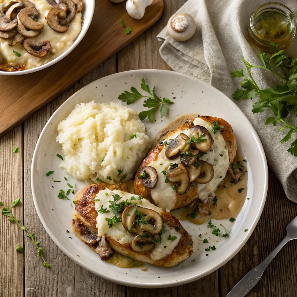 Close up of melted Monterey Jack cheese stretching over sauteed mushrooms and onions on a seasoned grilled chicken breast
