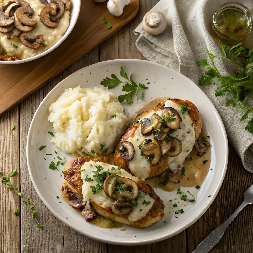 Close up of melted Monterey Jack cheese stretching over sauteed mushrooms and onions on a seasoned grilled chicken breast