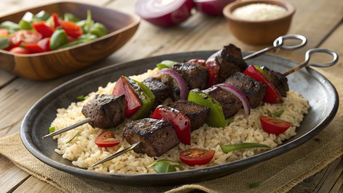 Grilled Texas Roadhouse steak kabob copycat on metal skewers with charred sirloin cubes, red and green bell pepper, and red onion plated over seasoned rice on a wooden Texas table