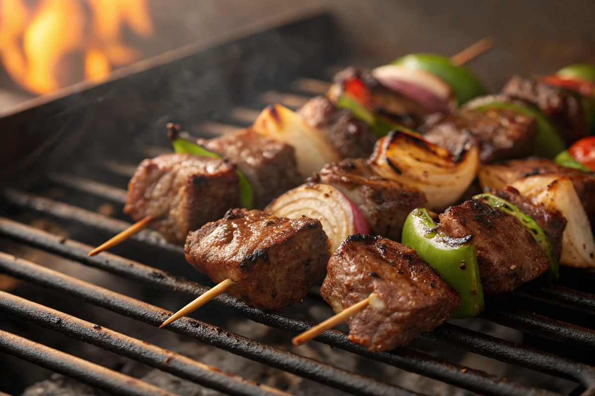 Close-up of sirloin steak kabobs on the grill grate with visible char marks, peppers and onions browning between the beef cubes, flames licking up
