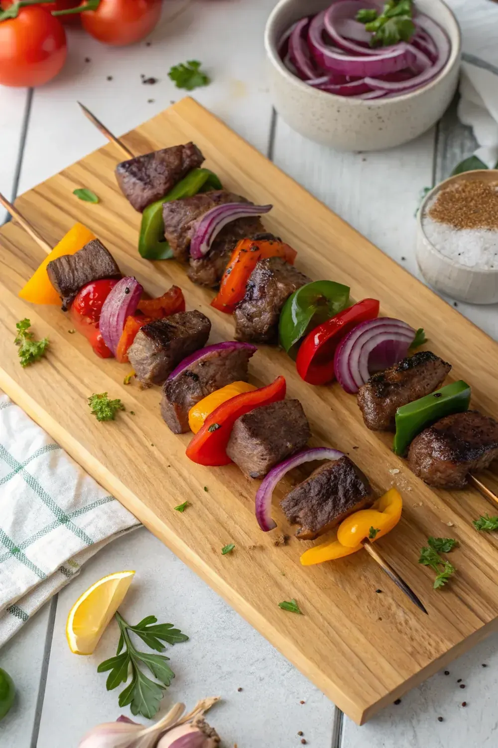 Vertical shot of marinated sirloin steak kabobs being threaded with bell pepper and red onion before grilling, save this Texas Roadhouse copycat kabob recipe