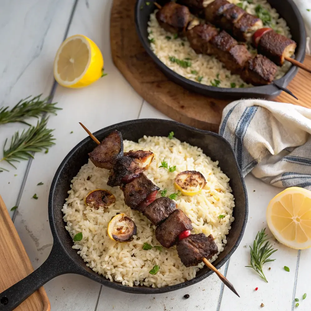 Overhead view of two steak kabob skewers over a bed of buttery seasoned rice with a wedge of lemon and a cast iron skillet in the background