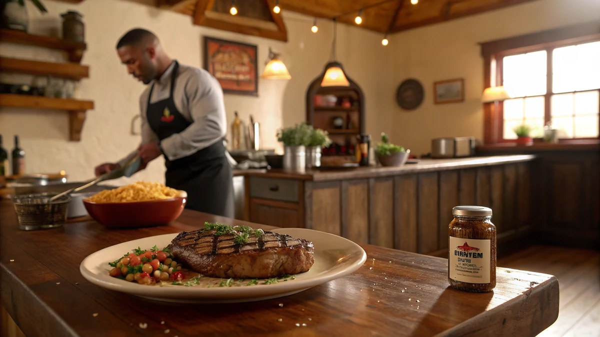 Glass jar of Texas Roadhouse steak seasoning copycat blend on a wooden Texas kitchen counter, golden-orange dry rub, small bowl of the seasoning beside a thick raw ribeye steak