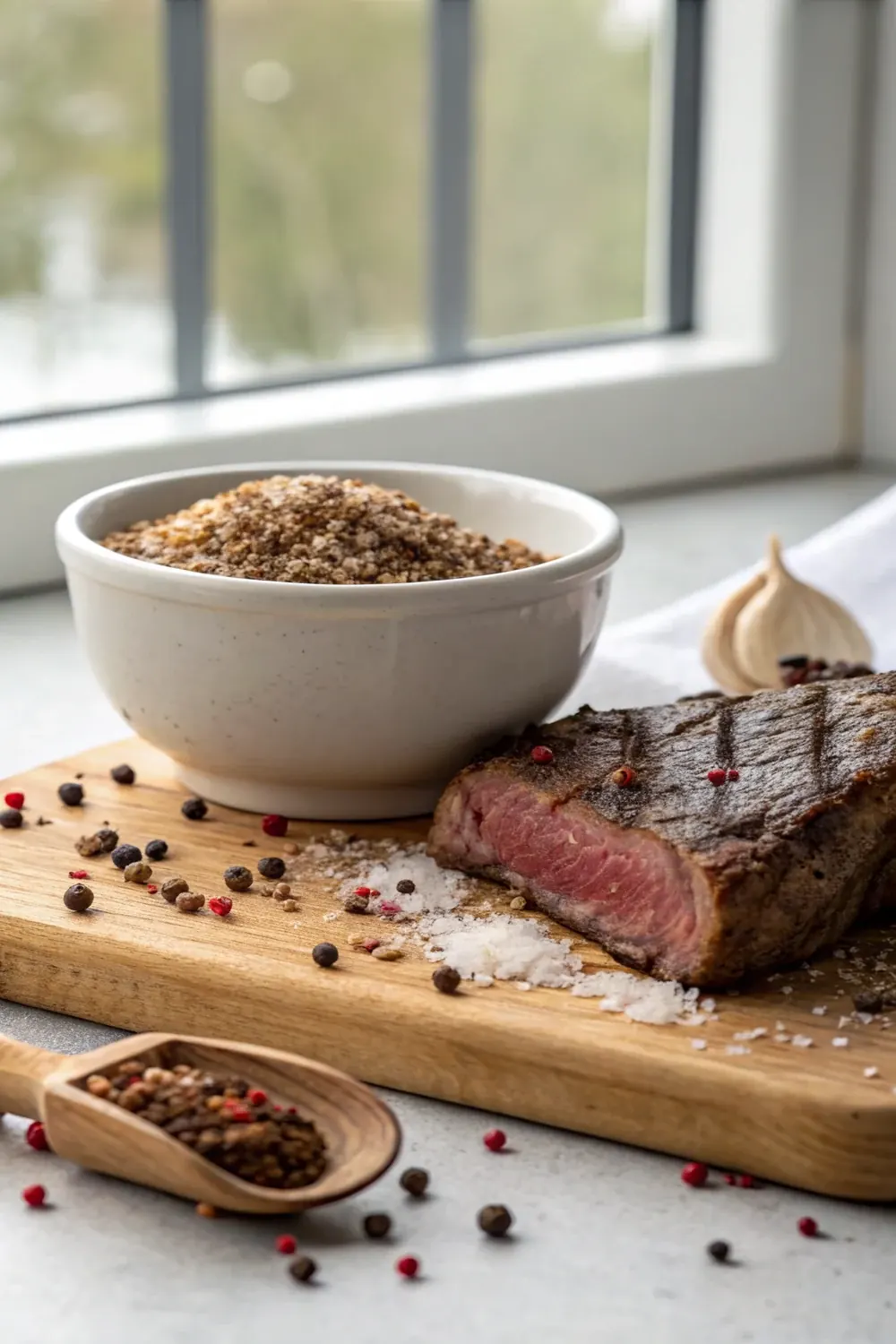 Vertical shot of a hand pressing Texas Roadhouse steak seasoning copycat into a ribeye, save this 7-spice steakhouse blend recipe