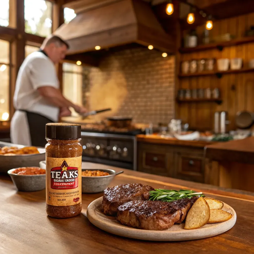 Overhead view of a glass jar of Texas Roadhouse steak seasoning next to a measuring spoon, a vintage Hill Country wooden spoon, and a rolled cloth napkin