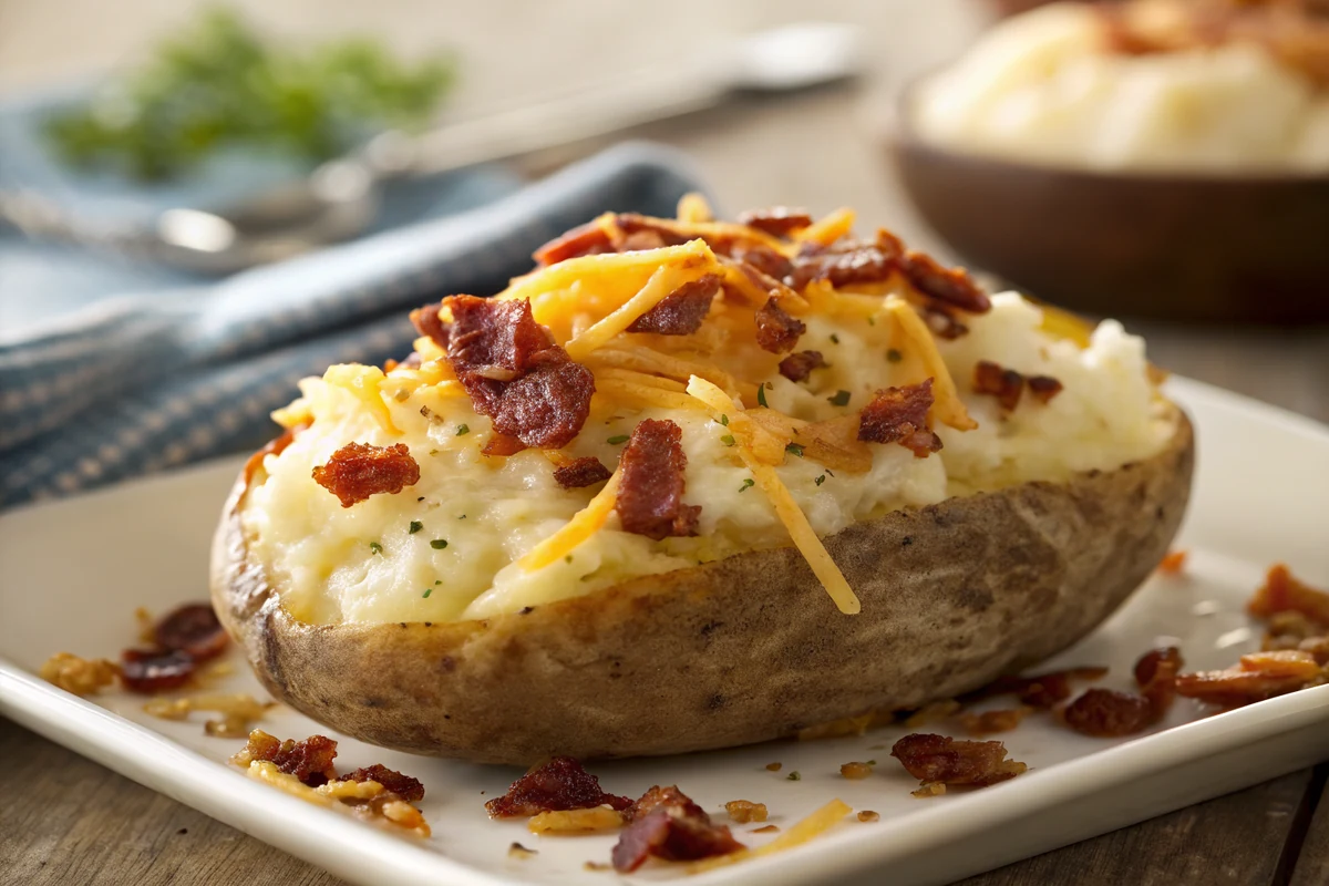 Close-up of a single twice baked potato half showing fluffy cheddar and bacon filling mounded above a crisp russet skin shell