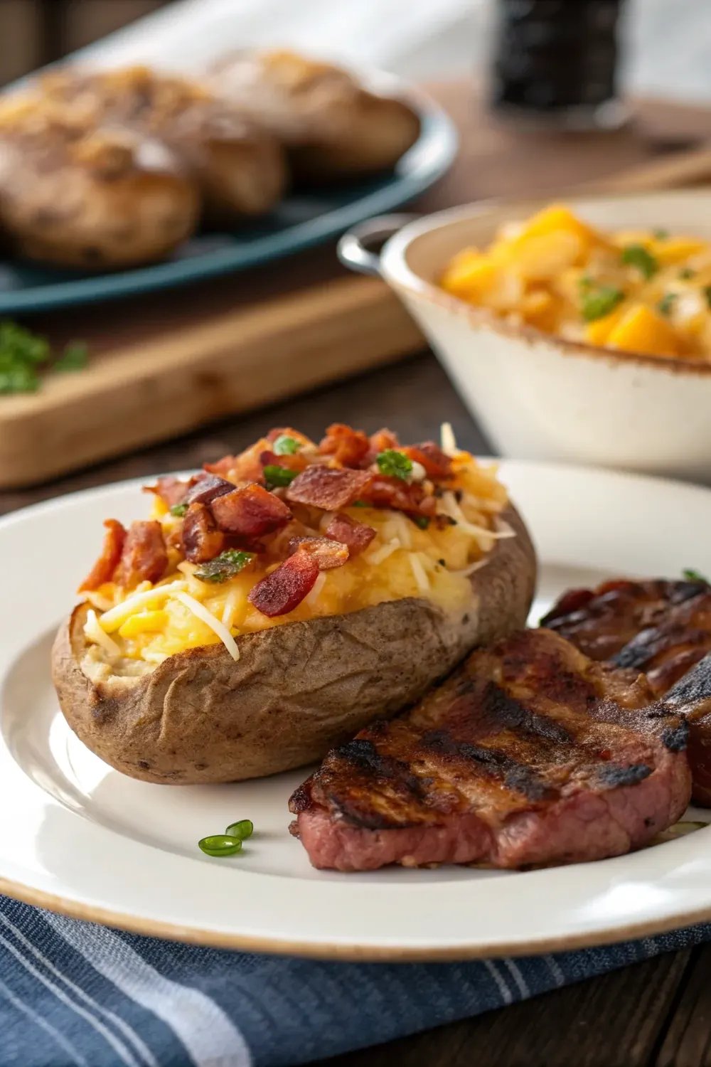 Vertical shot of loaded twice baked potatoes with melted cheddar and bacon beside a steak dinner plate, save this steakhouse copycat recipe