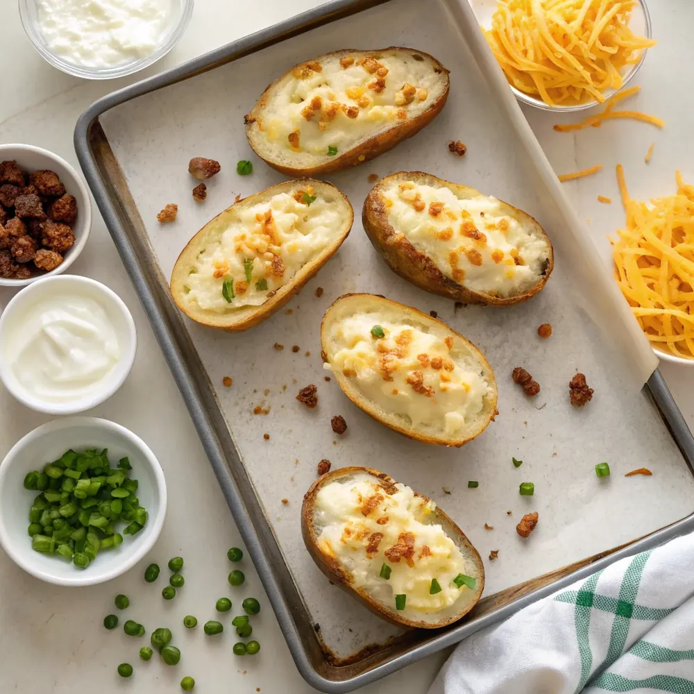 Overhead view of eight twice baked potato halves on a sheet pan surrounded by small bowls of shredded cheddar, crumbled bacon, sour cream, and green onions